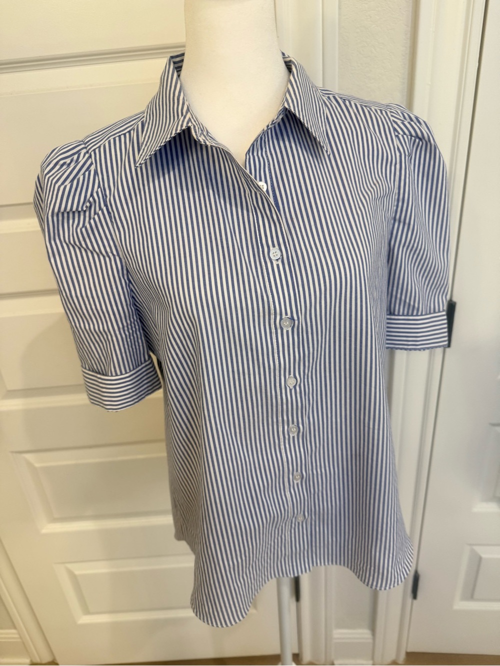 Blue and White Striped Button-Up women’s Shirt short sleeve